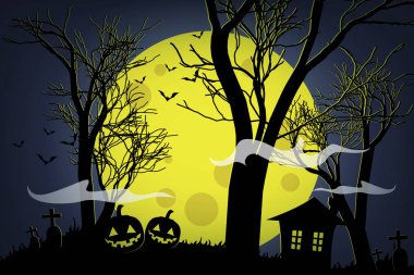 Cadılar Bayramı Balkabağı ve sarı moon arka plan üzerinde karanlık evde.