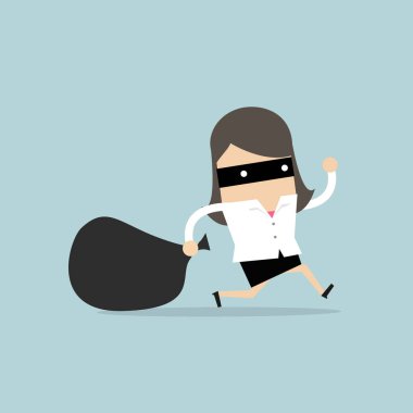 Businesswoman in burglar mask flees with stolen bag. clipart