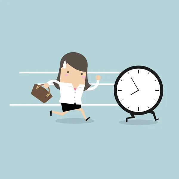 Businesswoman Run Follow Clock — Stock Vector