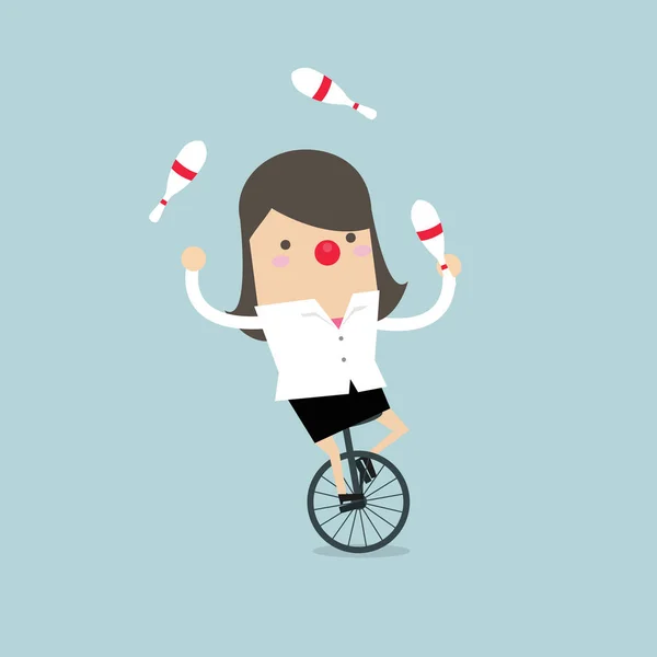 Affärskvinna Jonglering Medan Cykling Med Röd Näsa — Stock vektor