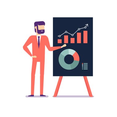 İşadamı infographics office flip grafik afiş kullanarak bir rapor sunar.