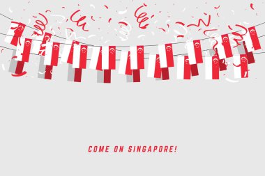 Gri arka plan üzerine konfeti ile Singapur garland bayrak asmak için Singapur kutlama şablon banner kiraz kuşu.