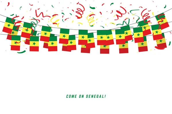 塞内加尔花环旗与五彩纸屑在白色背景 Bunting 为塞内加尔庆祝模板横幅 — 图库矢量图片