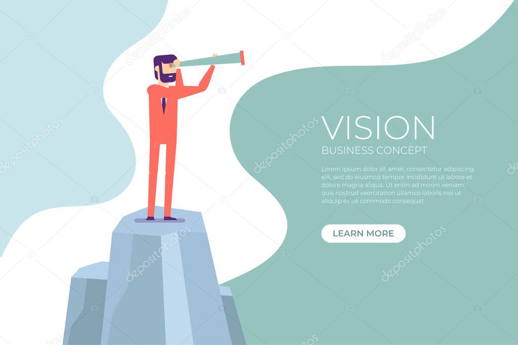 Businessman looking through telescope on top of the mountain banner.