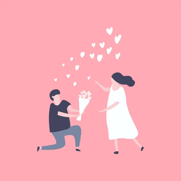Homme Agenouillé Donner Des Fleurs Une Jolie Femme Couple Amoureux — Image vectorielle