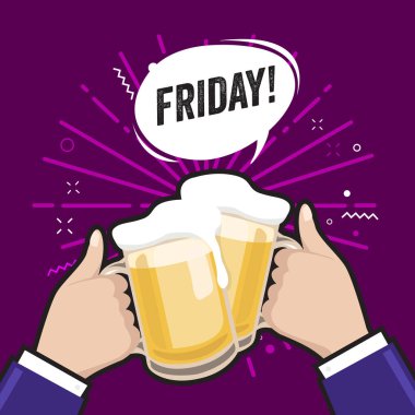 Bira bardağı tutan iki adam. Bira bardakları tokuşturup köpük, Toplantı arkadaşlar, kızartma veya bira Cuma kavramı. Hafif alkollü içki, serin köpük.