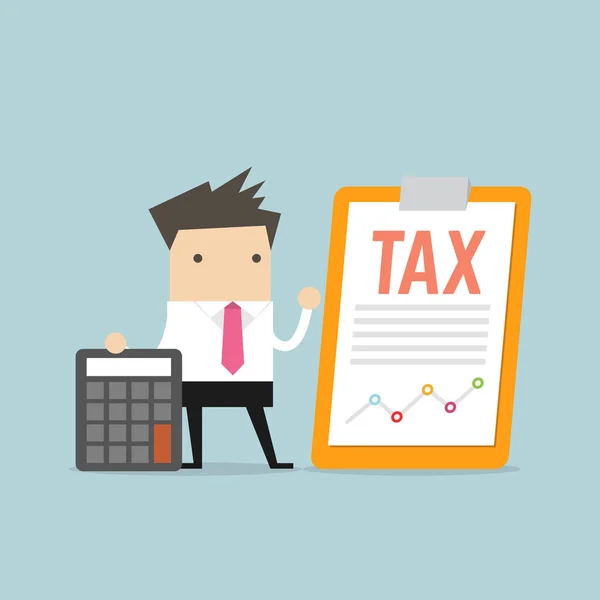 Biznesmen Stojąc Dokumentu Podatkowego Klip Pokładzie Kalkulator Koncepcja Płatności Podatku — Wektor stockowy