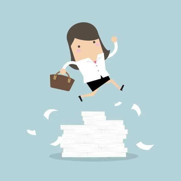 Geschäftsfrau Oder Manager Springen Über Hindernisse Großer Stapel Von Dokumenten — Stockvektor