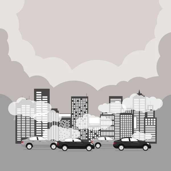 Pollution Air Avec Des Gratte Ciel Voitures Aux Heures Pointe — Image vectorielle