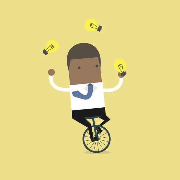 Homme Affaires Africain Jonglant Ampoule Tout Vélo — Image vectorielle