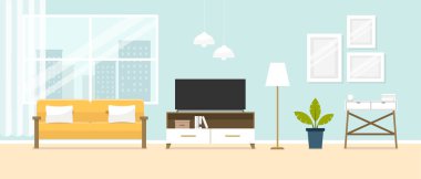 İç oturma odası. Kanepe, Tv stand, pencere ve dekor aksesuarları ile bir rahat oda tasarımı.
