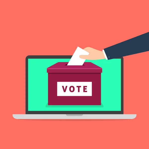 Hand Stembus Stemmen Papier Aanbrengend Een Laptop Scherm Stemmen Online — Stockvector