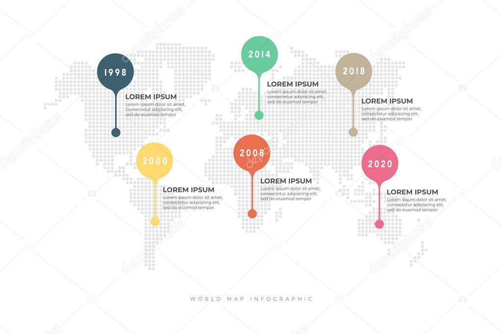 Business timeline with world map background infographic template.