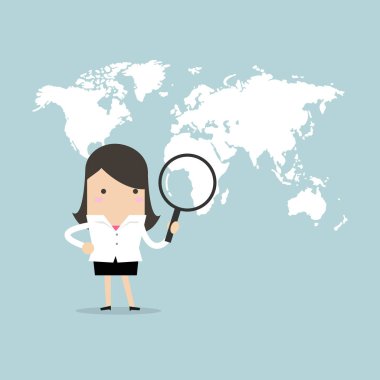 Dünya Haritası üzerinde büyüteç bulma holding iş kadını.