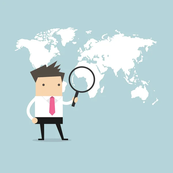 Businessman Holding Magnifying Glass Finding World Map — Stock Vector