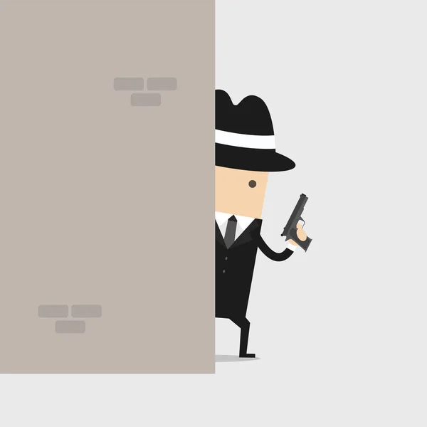 Detective Sosteniendo Arma Detrás Pared — Vector de stock