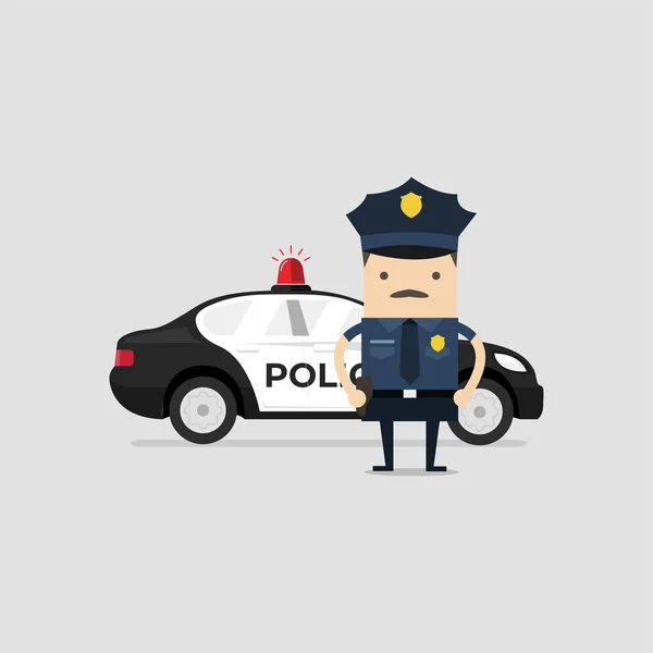 Polizist Uniform Mit Polizeiauto Lustige Cop Comicfigur — Stockvektor