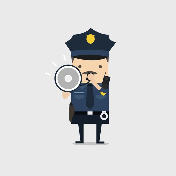 Carácter Oficial Policía Con Uniforme Azul Gritando Usando Megáfono Carácter — Vector de stock