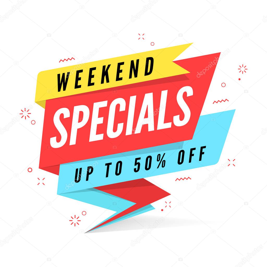 Weekend specials sale banner template in flat style.