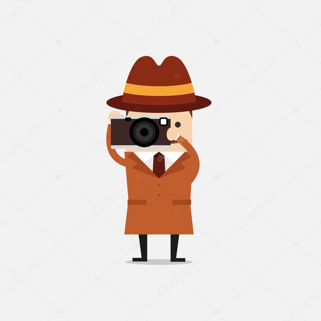 Detective with camera. Detective spies. Police detective and inspector cartoon.