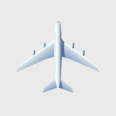 Uçan uçak, jet uçağı, yolcu uçağı. Hava uçak üstten görünüm beyaz arka plan üzerinde.