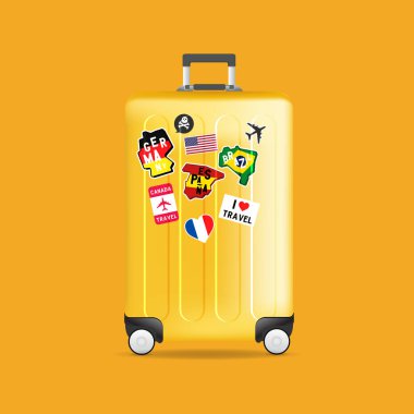 Sarı seyahat etmek bagaj ile Etiketler, etiket ve Etiketler. Gerçekçi bavul.