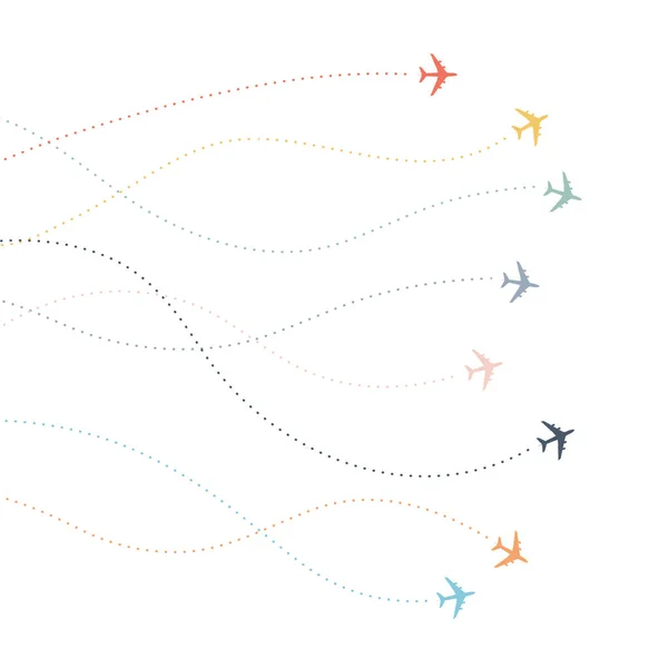 カラフルな飛行機線パス 航空会社の飛行経路を点線で表示 — ストックベクタ