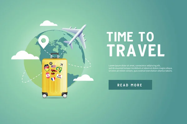 带着黄色行李环游世界的飞机 旅行计划 旅行时间横幅 — 图库矢量图片