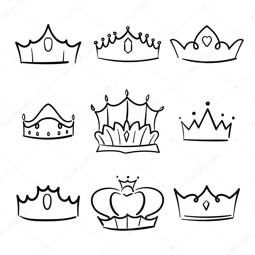 Doodle crown princess collection. Simple crowning, elegant queen or king crowns hand drawn.