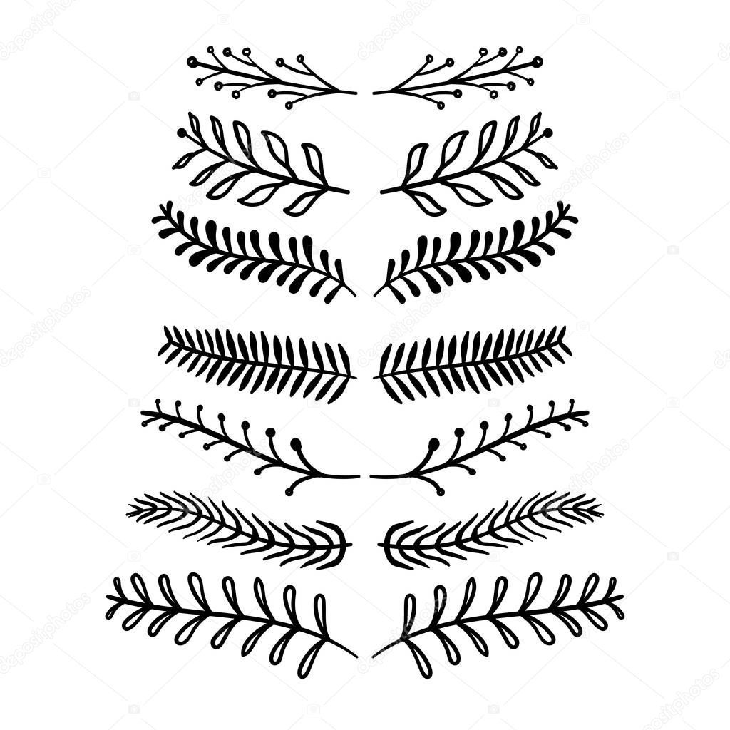 Flower ornament dividers. Hand drawn floral sketch leaves ornaments.