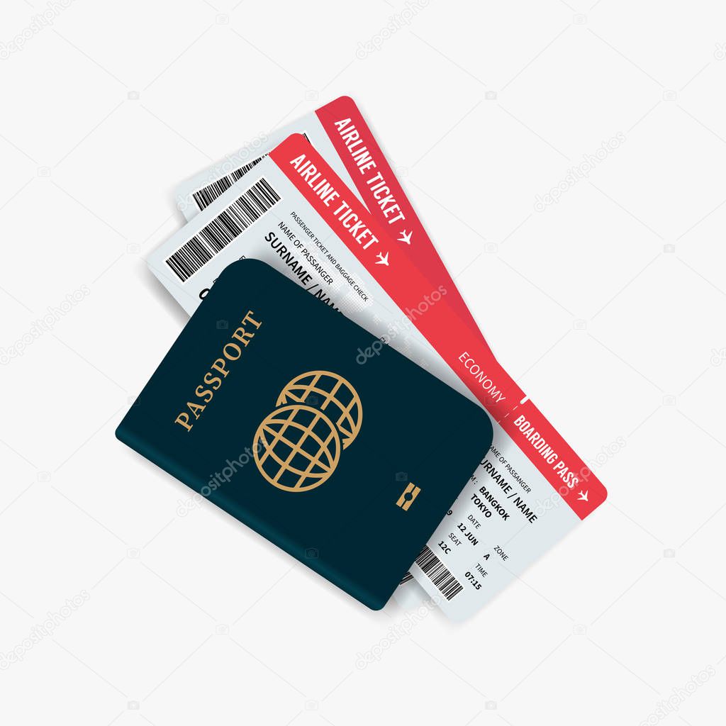 Airline tickets and passport. Passport with boarding passes tickets for traveling by plane.