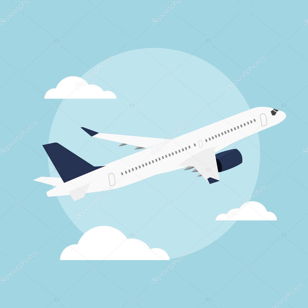 Flat Airplane flying in the blue sky background.