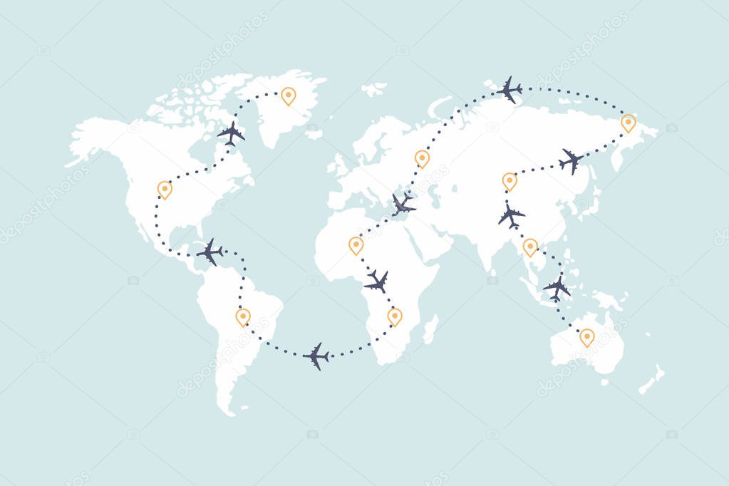 Airplane route line and travel routes. Aviation track path on world map.