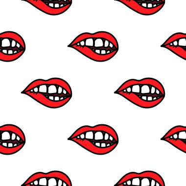 Kırmızı dudaklar ısırma doodle dikişsiz desen arka plan.