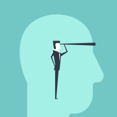 İnsanın kafasında spyglasss ile İşadamı.