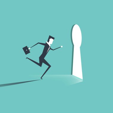 Anahtar deliğine giren işadamı. Anahtar deliğine doğru koşan işadamı.