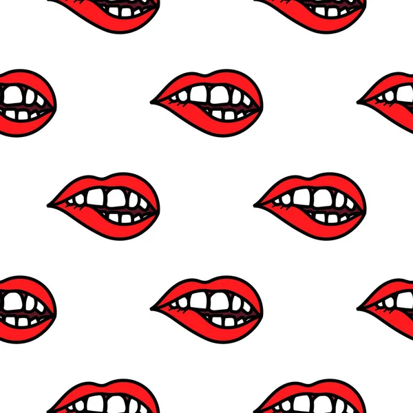 Red lips biting doodle seamless pattern background.