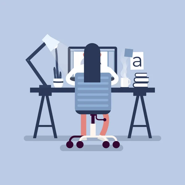 Espacio Trabajo Diseño Gráfico Diseñadores Sentados Escritorio Vista Trasera — Vector de stock