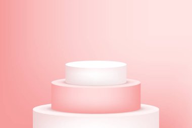 Fotokopi alanı olan ürün sergisi için boş podyum pembe arka plan. Showroom çekimi. Ürün tanıtımı için afiş arkaplanı.