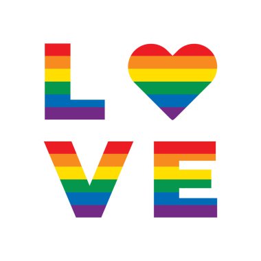 LGBT gökkuşağı eşitliği sembolleri. Aşk sloganı. Beyaz arka planda izole gökkuşağı lgbt bayrağı kalp ile Aşk işareti.