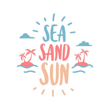 Deniz, Kum, Güneş Kaligrafik. Yaz Seyahat ve tatil konsepti.