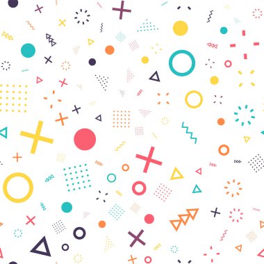 Moda ve duvar kağıdı için Geometrik Memphis tarzı dikişsiz desen.