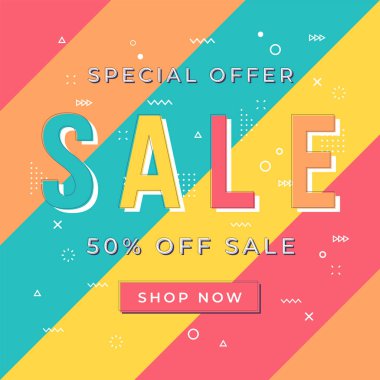 Satış afiş şablonu tasarımı. Retro Geometrik Memphis tarzı nda Afişler.