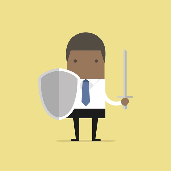 Homme Affaires Africain Guerrier Avec Bouclier Épée — Image vectorielle