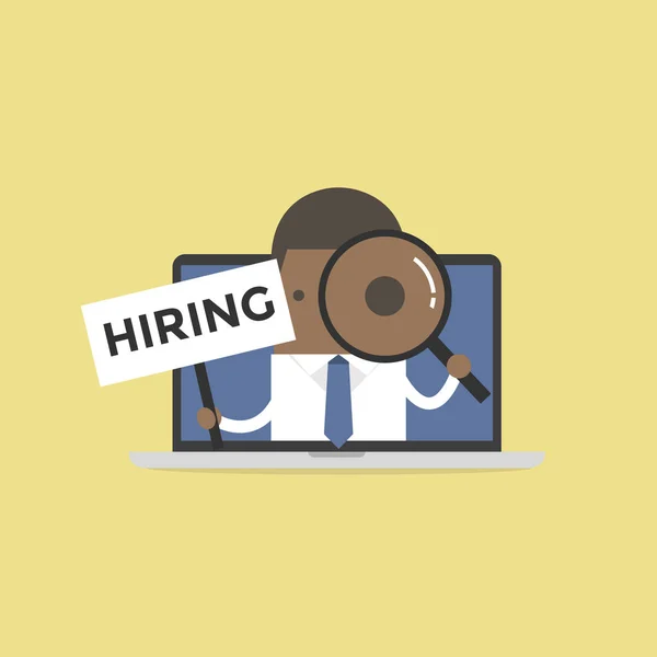 Empresario Africano Sosteniendo Cartel Hiring Mirando Través Una Lupa Cuaderno — Vector de stock