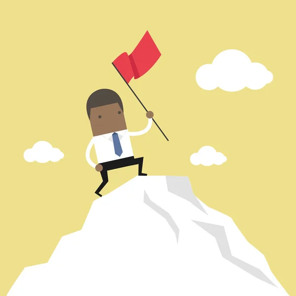 Αφρικανός Επιχειρηματίας Στέκεται Κόκκινη Σημαία Στην Βουνοκορφή — Διανυσματικό Αρχείο