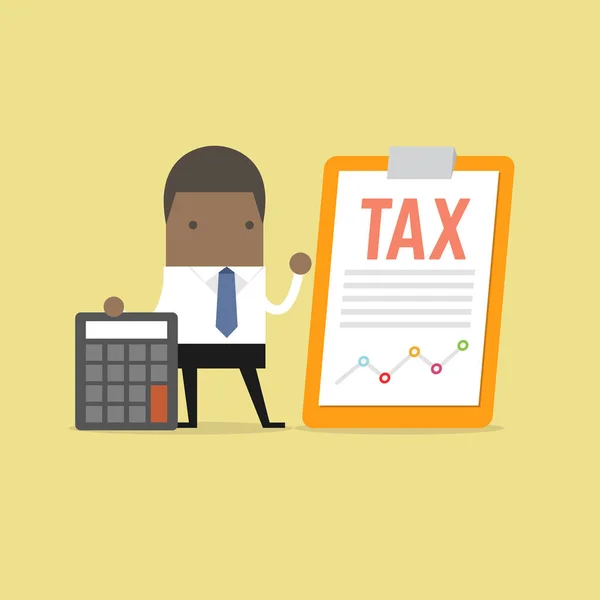 African Businessman Standing Tax Document Clip Board Calculator Tax Payment — Stock Vector