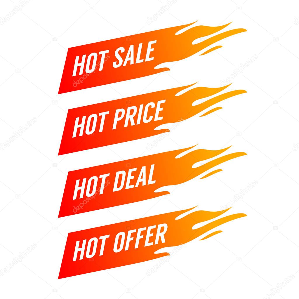 Flat promotion fire banner, price tag, hot sale, offer, price.