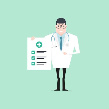 Doktor elinde bir kontrol kağıdı tutuyor ve işaret parmağıyla işaret gösteriyor. Sağlık kontrolü.