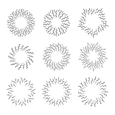 Vintage Sunburst patlama el çizilmiş tasarım elemanları havai fişek siyah Rays. Siyah güneş patlamaları seti grafik elemanları.